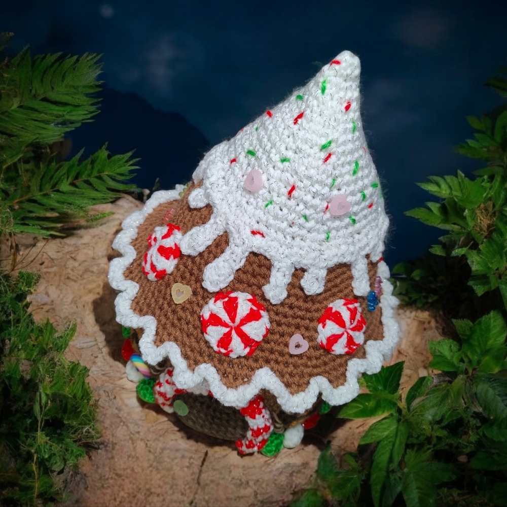 Handmade Crochet Giant Gingerbread Gnome House Basket - Picture 3 of 13